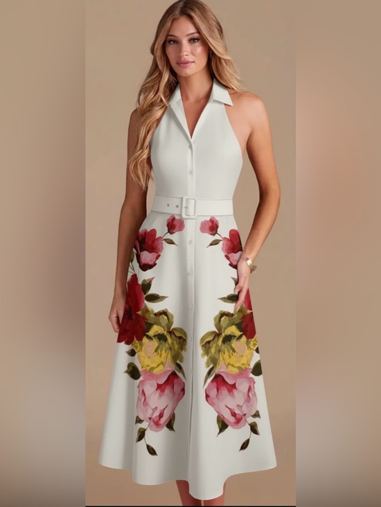 Truly for you Dresses & Skirts - TRULY 4 you White Halter Backless Shirt Dress with Floral Print